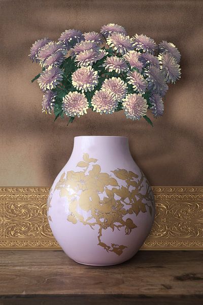 Roze chrysanten in een iconische vaas van Renske Schut