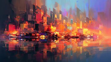 Magische lichten: kleurrijke abstractie van een skyline van een grote stad van Peter Balan