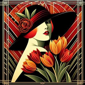 Vrouw met tulpen art deco van Tatjana Korneeva