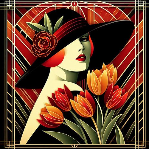 Vrouw met tulpen art deco