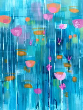 Super kleurrijke abstracte bloemen in blauw en roze van Studio Allee