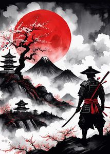 Paysage japonais avec silhouette de samouraï