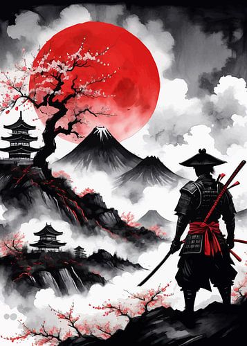 Japans landschap met samoerai silhouet