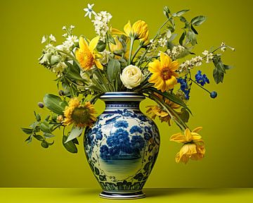 Fleurs d'été dans un vase sur fond de chaux sur Vlindertuin Art