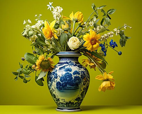 Zomerse bloemen in vaas met lime kleurige achtergrond