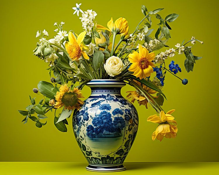 Fleurs d'été dans un vase sur fond de chaux par Vlindertuin-Art