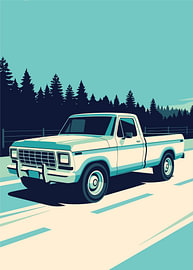 Vintage cream pickup truck parked by forest road, retro illustration by Adam Khabibi