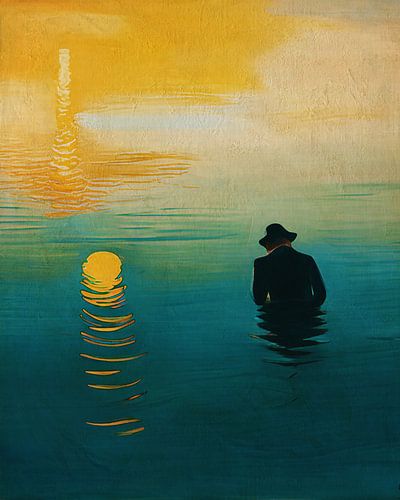 De man zoekt de zon in de zee