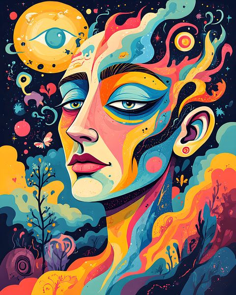 Psychedelisches Portrait Poster – Farbenfrohe Kunst voller Energie von Conpo Design