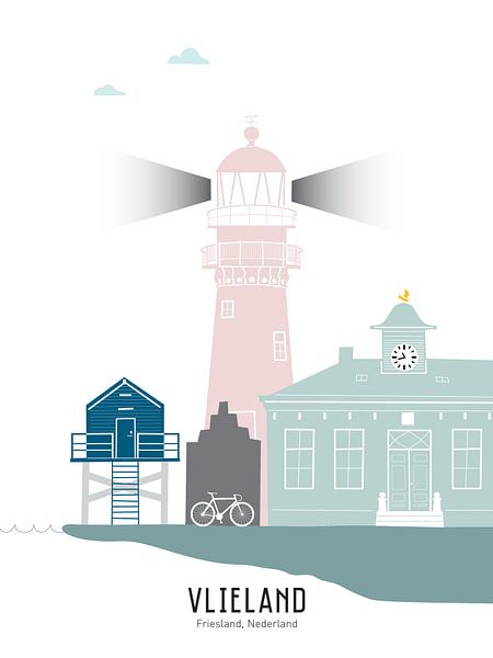 Skyline illustration of the Frisian island of Vlieland in color by Mevrouw Emmer