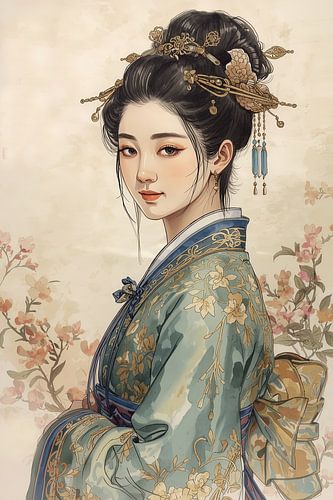 Originele Chinese vrouw in traditionele kleding en juwelen uit de 18de eeuw.