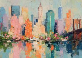 De skyline van New York bij zonsondergang