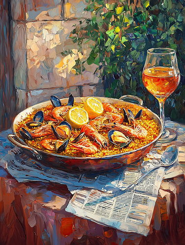 Spaanse paella op een mediterraan terras