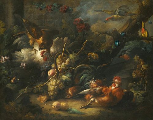 A Forest Floor Still Life With Poultry Attacked By A Hawk, Johann Baptist Drechsler