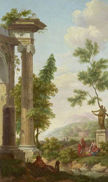 Arcadian landscape with classical ruins and figures on the banks of a river, Jurriaen Andriessen by Masterful Masters