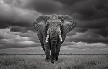 Elephant in savannah, monochrome by fernlichtsicht