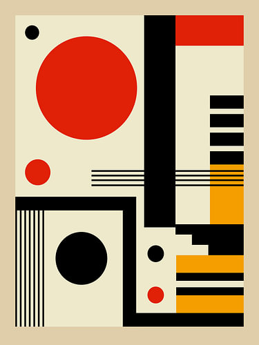 Bauhaus Architectuur Design – Abstract Kunstwerk in Zwart, Geel en Rood