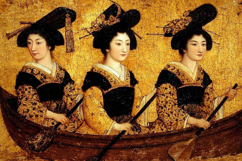 schilderachtig Japan drie vrouwen in een boot van Egon Zitter