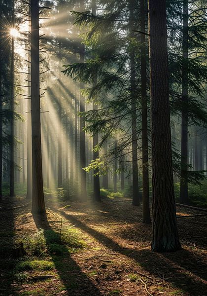 Forest of Trees with Sunlight Beams by Markus Gann