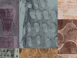 Abstracte organische en geometrische vormen. Collage in paars, bruin, blauw.