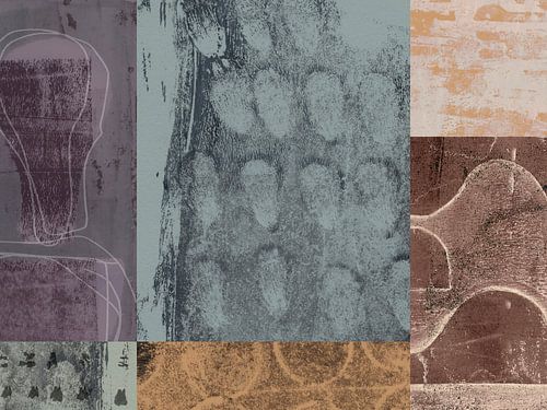 Formes abstraites organiques et géométriques. Collage en violet, marron, bleu.