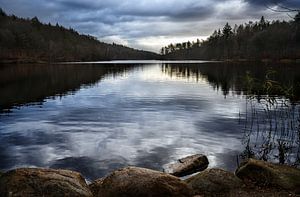 Waldsee mit reflektierenden Wolken, Naturhintergrund mit Kopierraum