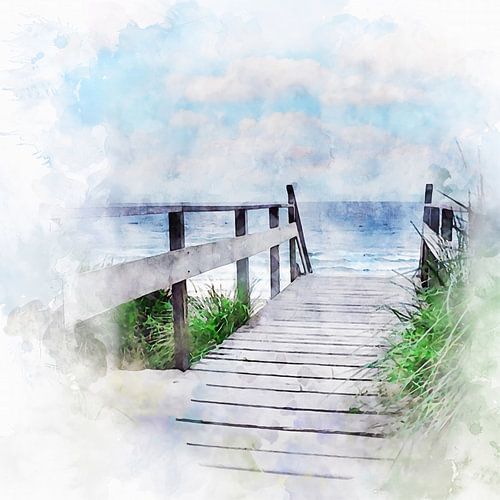 Aquarel van strand, zee en duinen aan de kust van Domburg, Zeeland