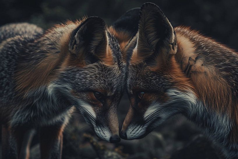 Two foxes face each other in dark surroundings by Art & Soul Creations