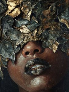 Vrouwelijk Portret met Goud & Bladeren – Donkere Abstracte Wanddecoratie