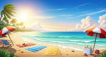 Scène de plage en dessin animé avec accessoires, océan et voilier sur Markus Gann