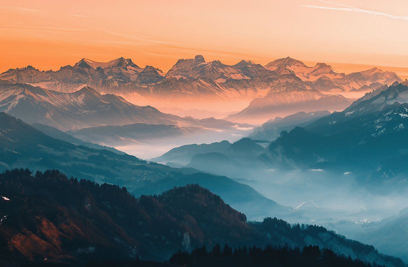 Zonsondergang achter een berg van fernlichtsicht