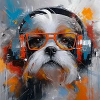 Shih Tzu hond met koptelefoon en brilletje 2