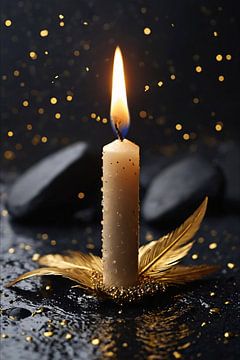 Candlelight with Golden Feather on Black Background by De Muurdecoratie