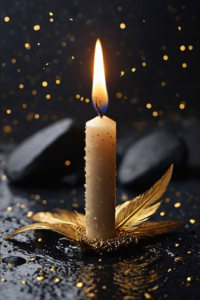 Candlelight with Golden Feather on Black Background by Art & Soul Creations