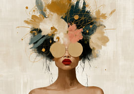 Golden Bloom & Red Lips – Abstract portret met bloemenbetovering