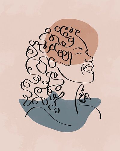 Minimalistische Linienzeichnung einer Frau mit langen Haaren mit zwei organischen Formen