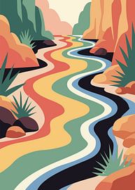 Minimalist flat vector illustration of a wavy, colorful winding river flowing through a desert canyon by Adam Khabibi