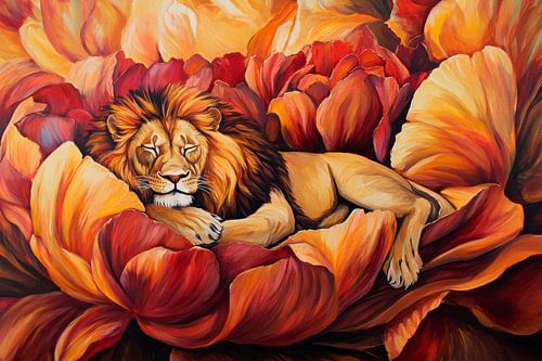 Lion between blooming flowers