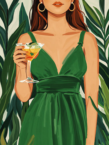 Femme en robe verte avec un cocktail, sur Kim Karol / Ohkimiko