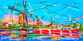 Niederländischer Kanal, rotes Boot und Windmühlen von Kleine Atelier