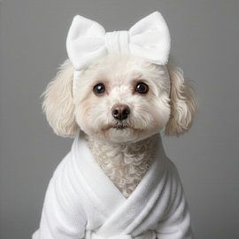 Adorable petit chien de race Bichon Frisé avec un peignoir sur Costas Ganasos