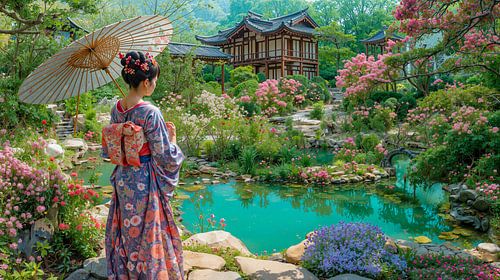 japanse kunst Geisha in tuin