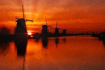 Zonsopkomst bij Kinderdijk van Hille Bouma