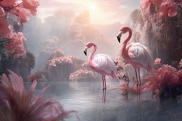 Beautiful flamingos in the water, art design by Animaflora PicsStock