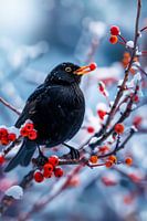 Amsel im Winter mit roten Beeren