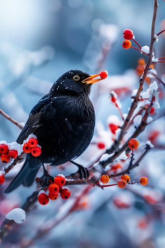Merel in de winter met rode bessen