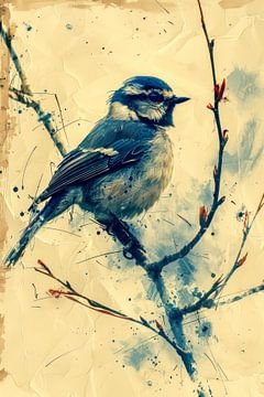 Tekening, chinese inkt, aquarel, vogel, pimpelmees -3 van Peter Pen tekeningen en schilderijen