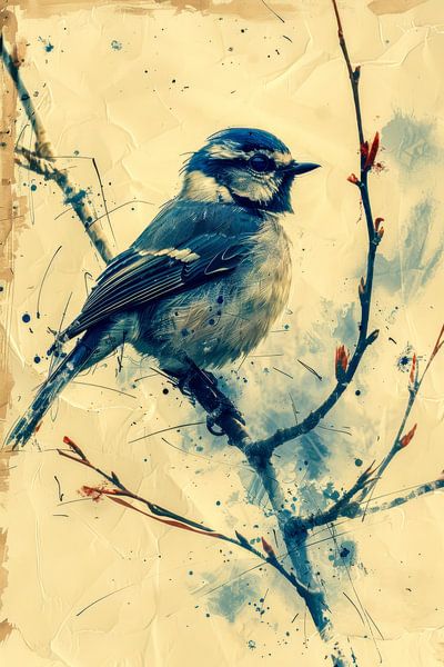 Drawing, Chinese ink, watercolour, bird, blue tit -3 by Peter Pen Drawings and Paintings