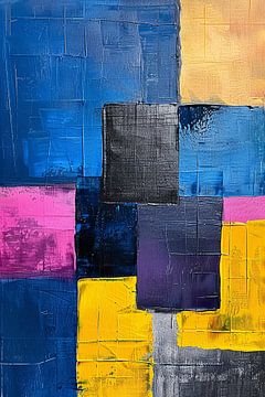 Abstract schilderij met kleurrijke blokken en texturen van De Muurdecoratie