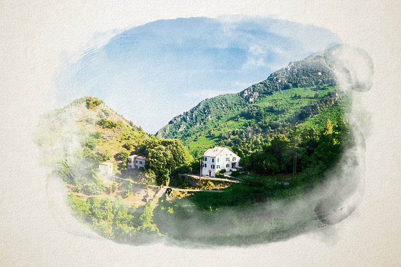 Haus in den korsischen Bergen in Aquarell von Youri Mahieu